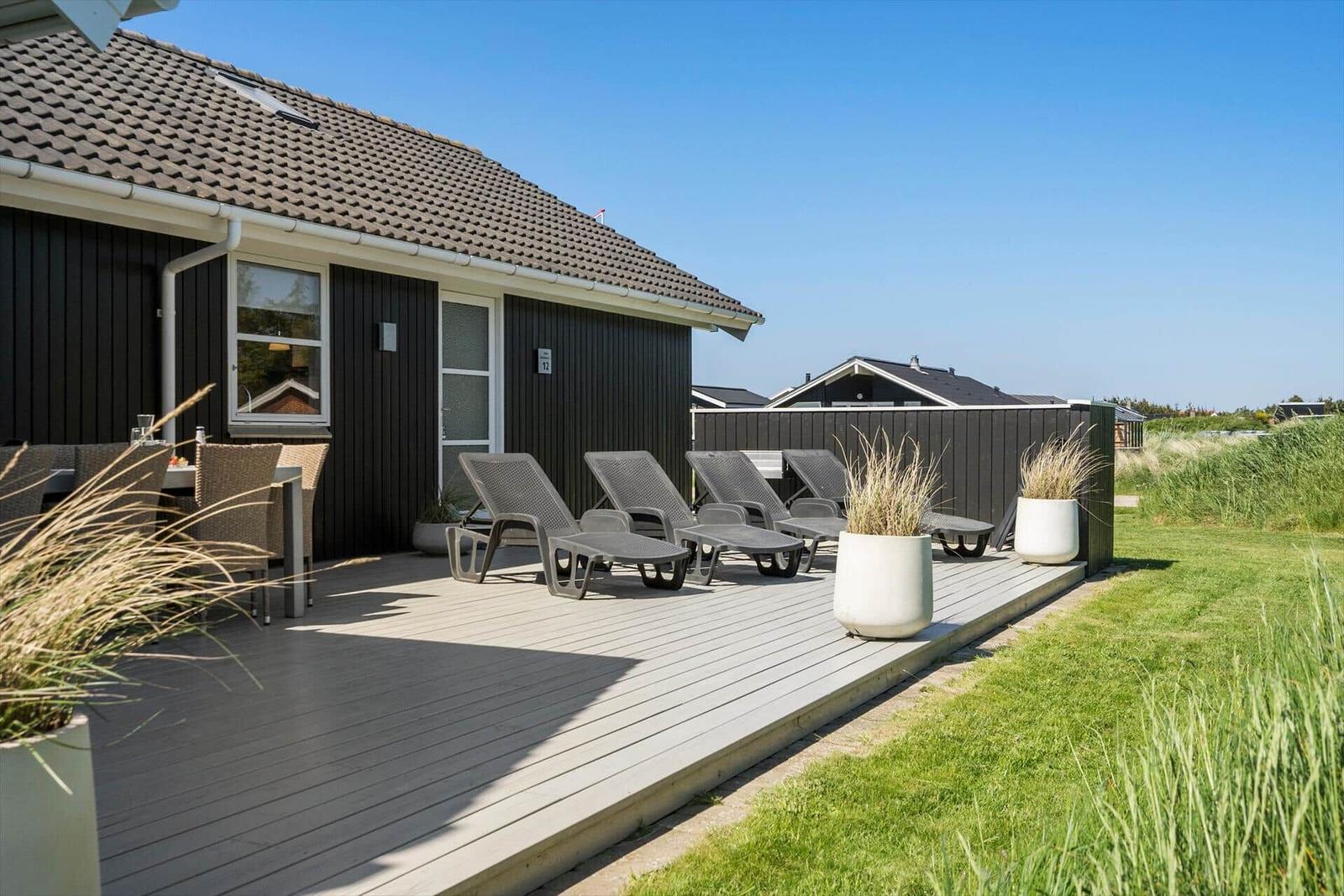 Unser Ferienhaus liegt an einer gravelstraße mit Blick auf eine weite Landschaft und Windräder.