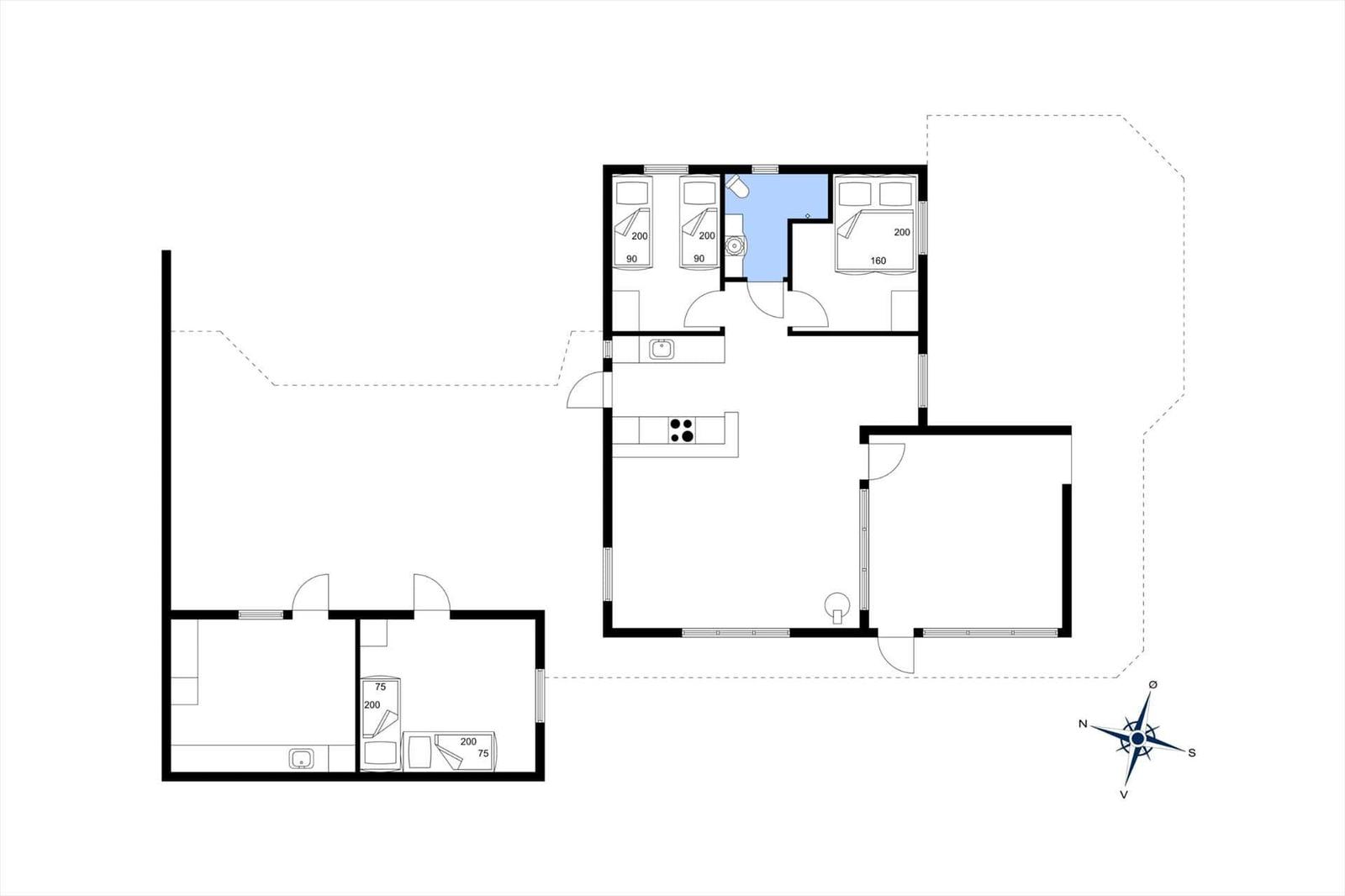 Dieses Hausplan zeigt drei Schlafzimmer, eine Küche und ein Bad.
