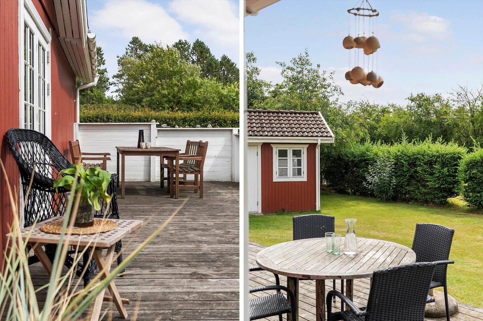 Apartment with three bedrooms, kitchen, and attached shed. Compass for orientation.