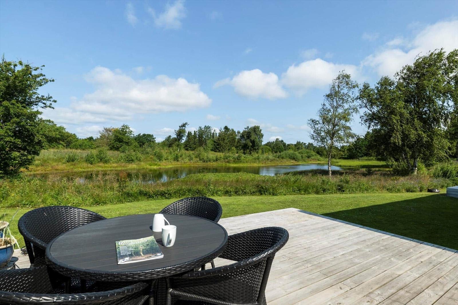 Modern villa with terrace by the lake, surrounded by forest and grass.