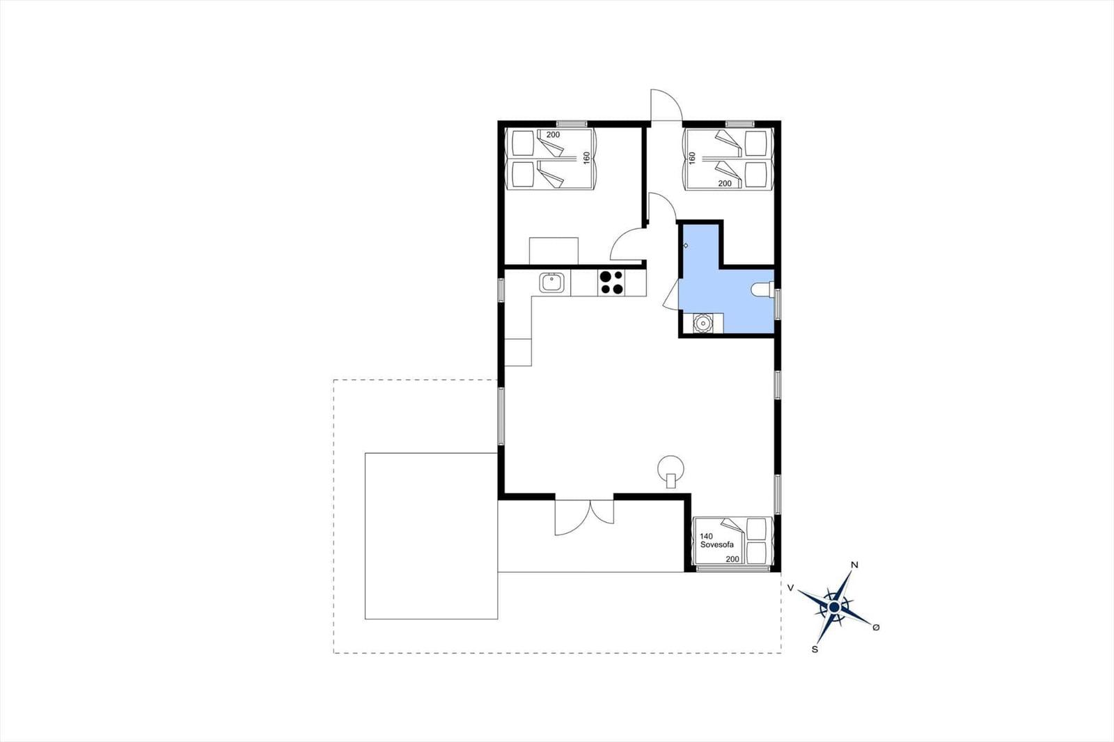 Two-room apartment with kitchen, bathroom, and living area with sofa bed.