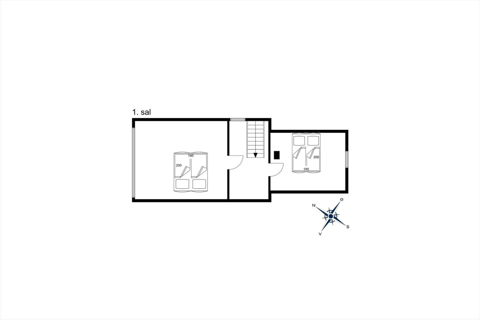 Stueplan zeigt Wohnfläche, Küche, Schlafzimmer und Bad mit Orientierung.