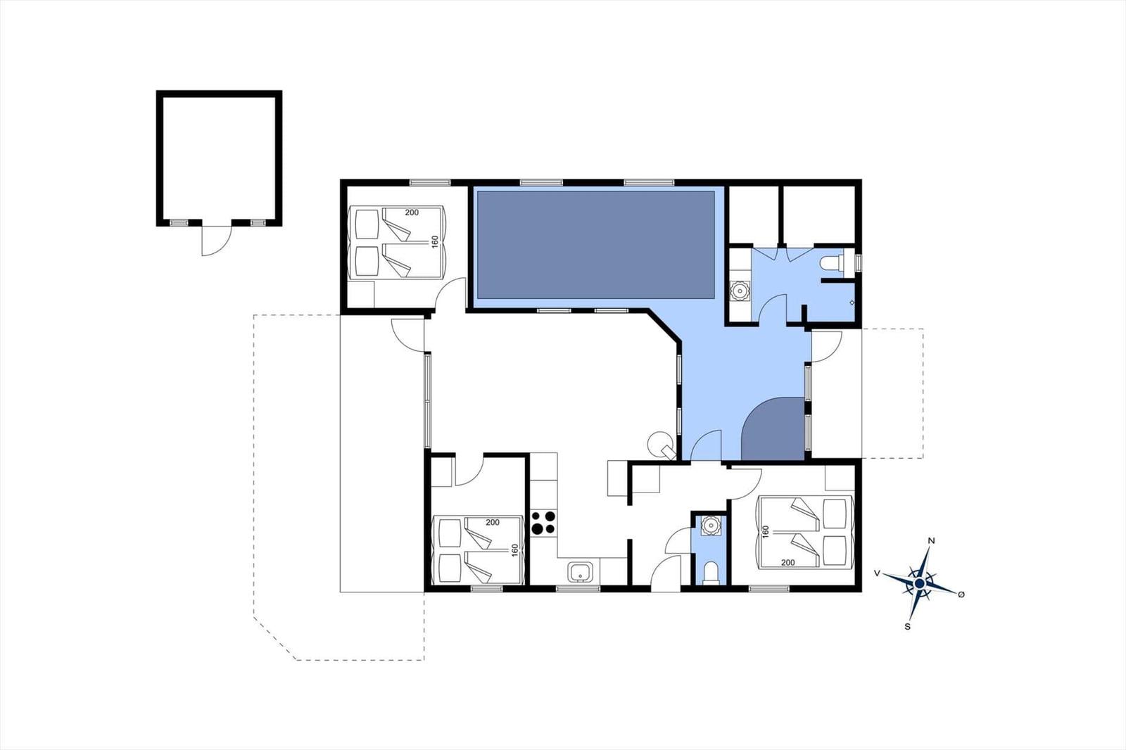 This house has three bedrooms, a kitchen, a bathroom, and a hallway.