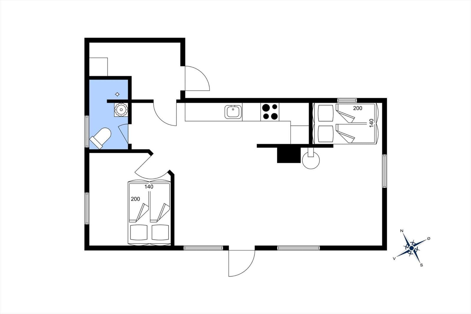Ein Raumplan mit Küche, Schlafzimmer und Bad. Die Räume sind klar markiert.