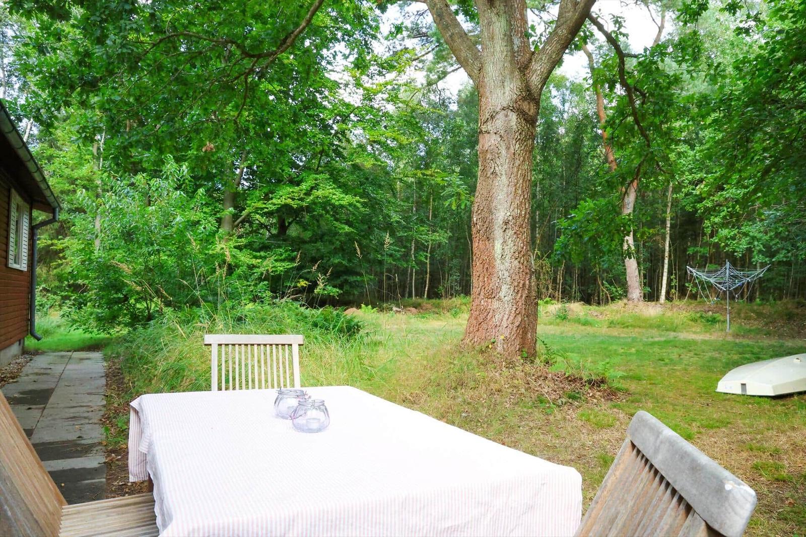 Zimmer mit zwei Betten, Holzdecke und Fenstern mit Blick auf Bäume.