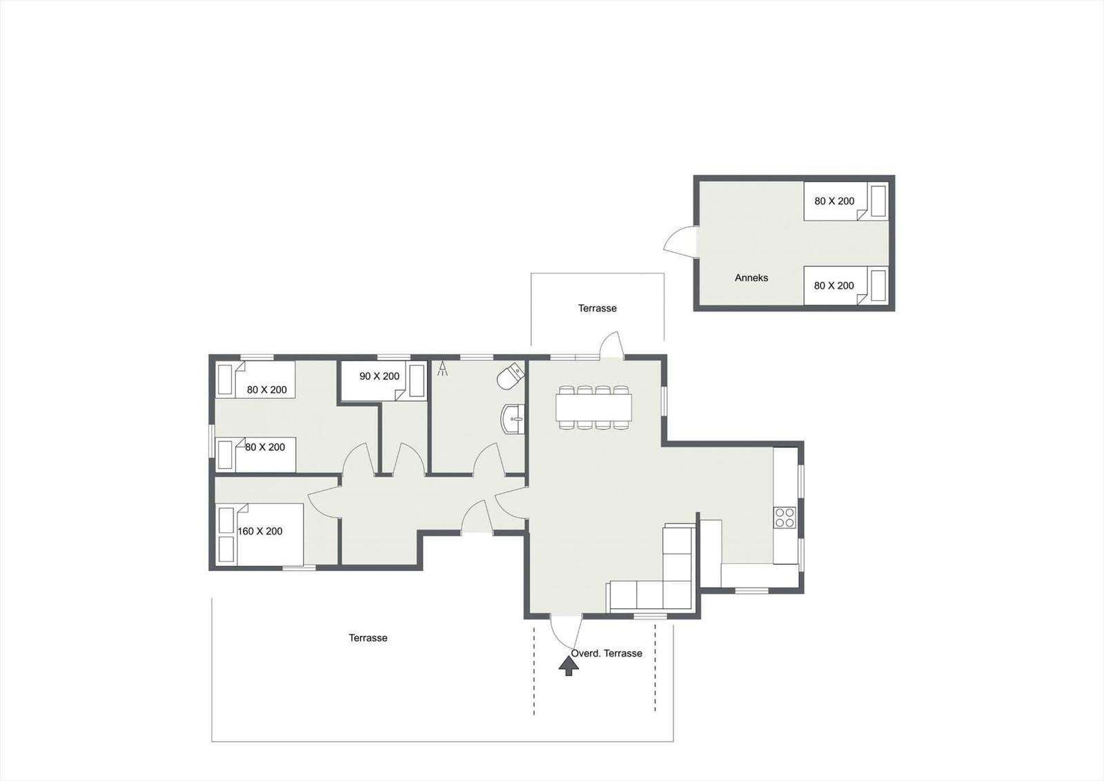 Eingangsbereich mit Holzdecke, Schrank und Schreibtisch. Durchgang zur Küche mit Schaukelstuhl.