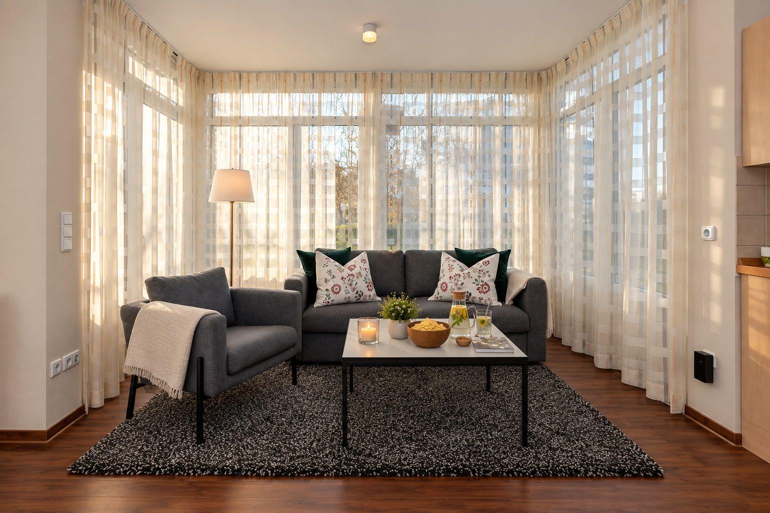Wohnbereich mit Sofa, Couchtisch und Küchenzeile. Große Fenster mit durchsichtigen Vorhängen.