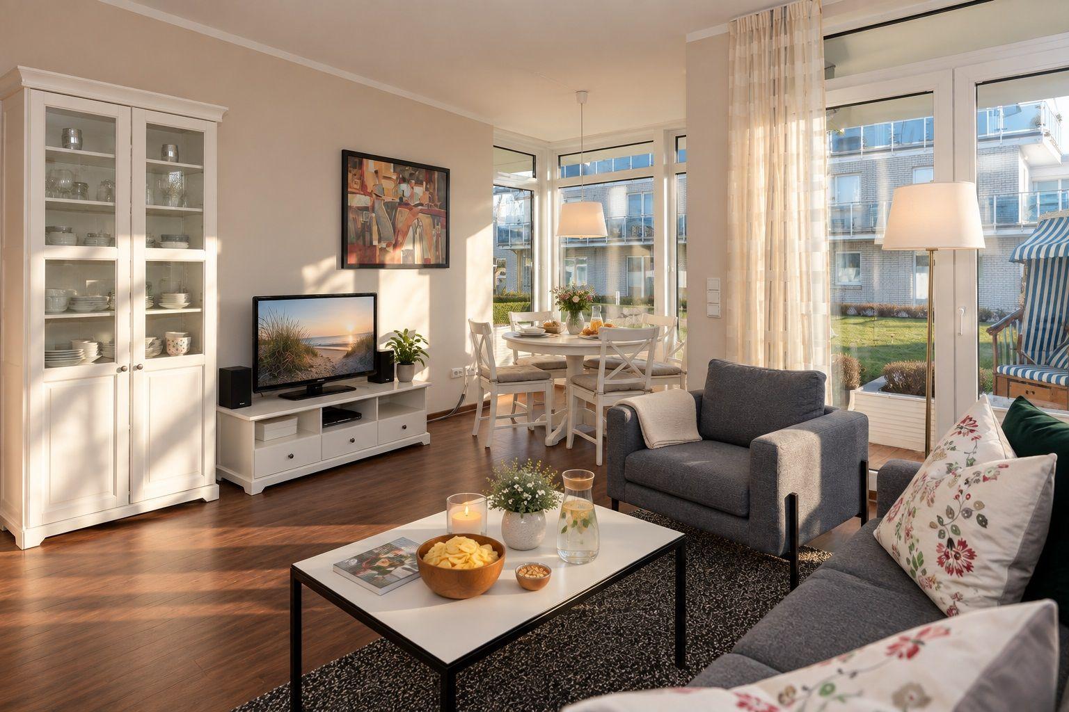 Wohnzimmer mit grauem Sofa, Tisch und Teppich vor großen Fenstern mit weißen Vorhängen.