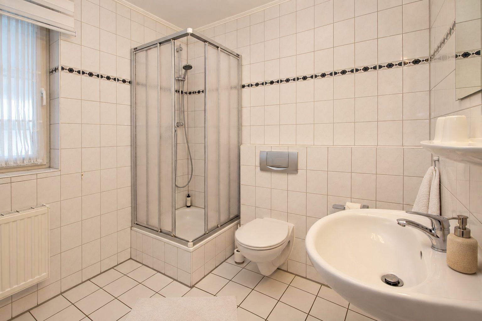 Badezimmer mit Dusche, WC und Waschbecken. Fliesenwand und Fenster sichtbar.