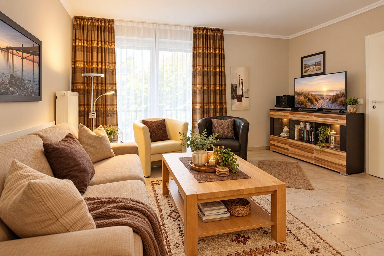 Wohnzimmer mit Sofa, Couchtisch und Fernseher. Fenster mit Vorhängen und Teppich.