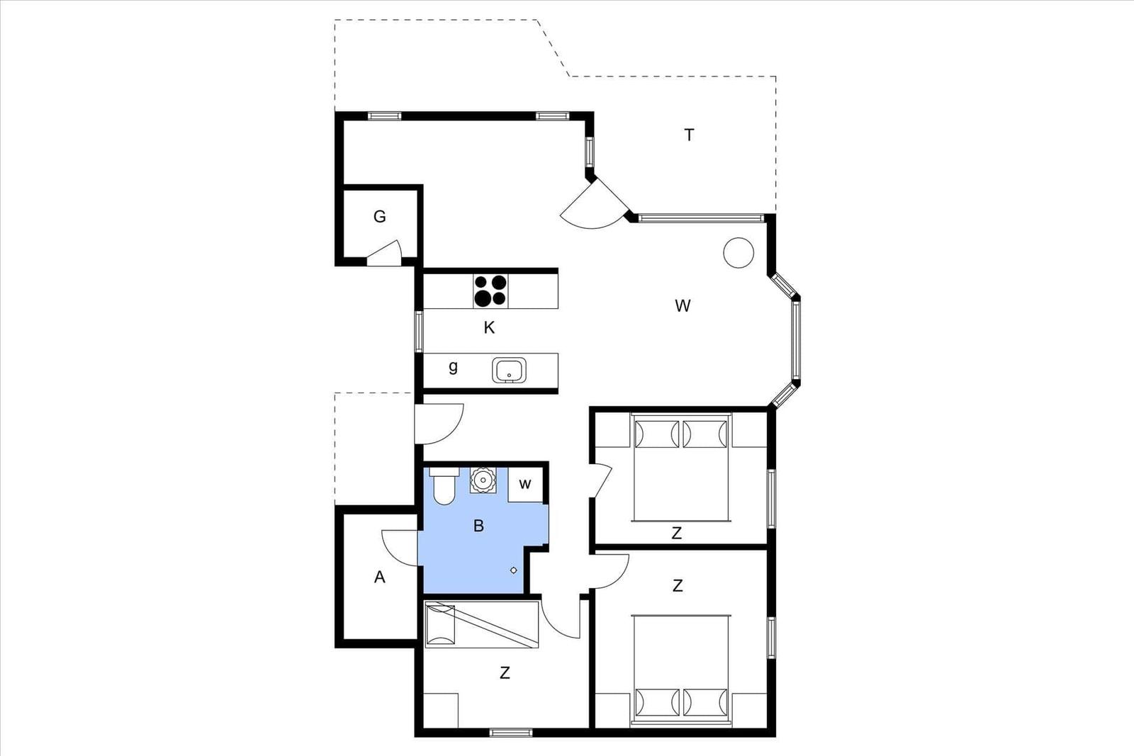 Wohnung mit Küche, Bad, zwei Schlafzimmern und Wohnbereich. Flur und Treppenhaus sind eingezeichnet.