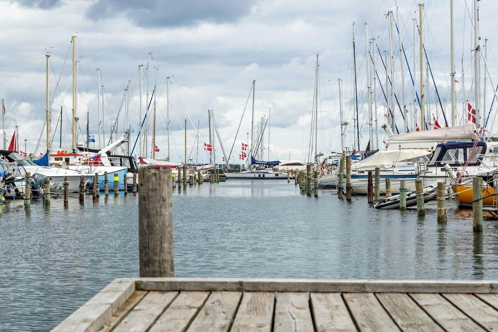 Yachten mit Masten und dänischen Flaggen liegen im Hafen.
