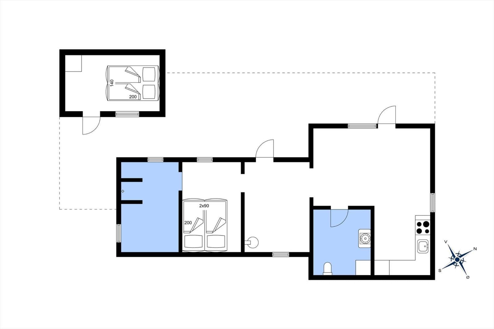 Wohnung mit Küche, Bad und zwei Schlafzimmern. Flur und Wohnbereich sind eingerichtet.