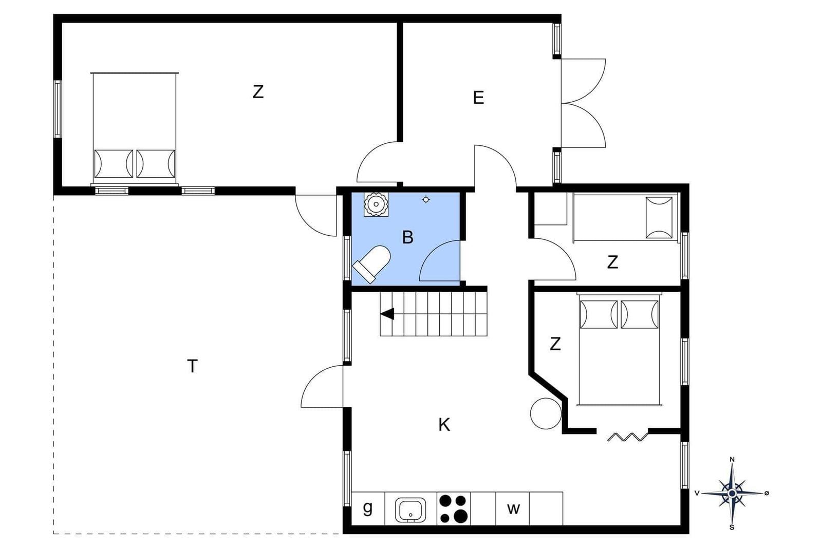 Wohnung mit Küche, Bad, zwei Schlafzimmern und Terrasse. Flur mit Treppe.