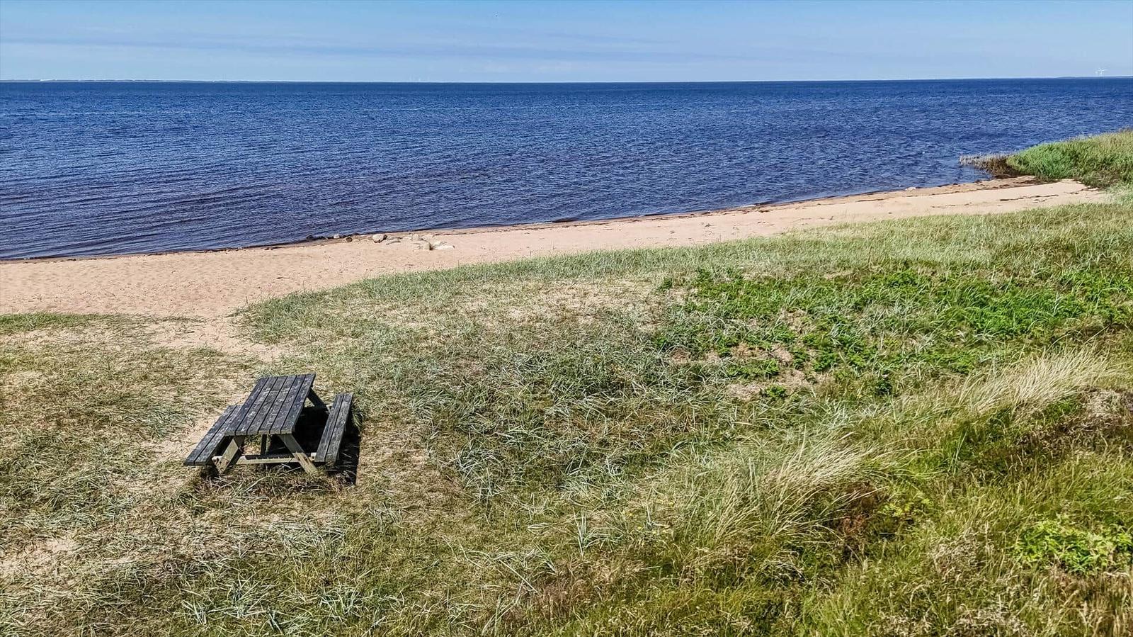 Beach with sand and blue sea under clear sky.