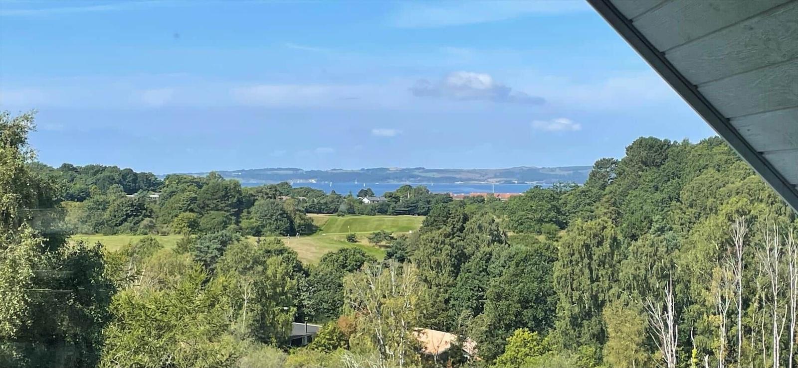 View of green landscape and sea with boats