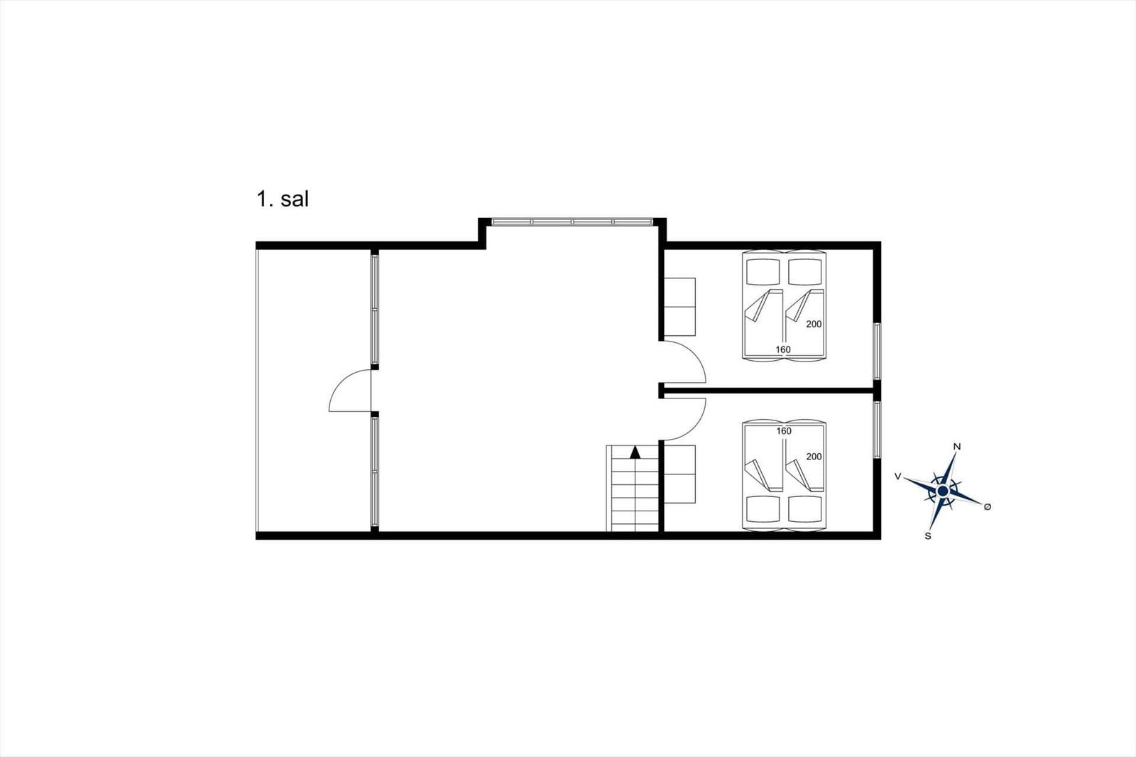 First floor: living area, two bedrooms with beds, stairs, and compass.