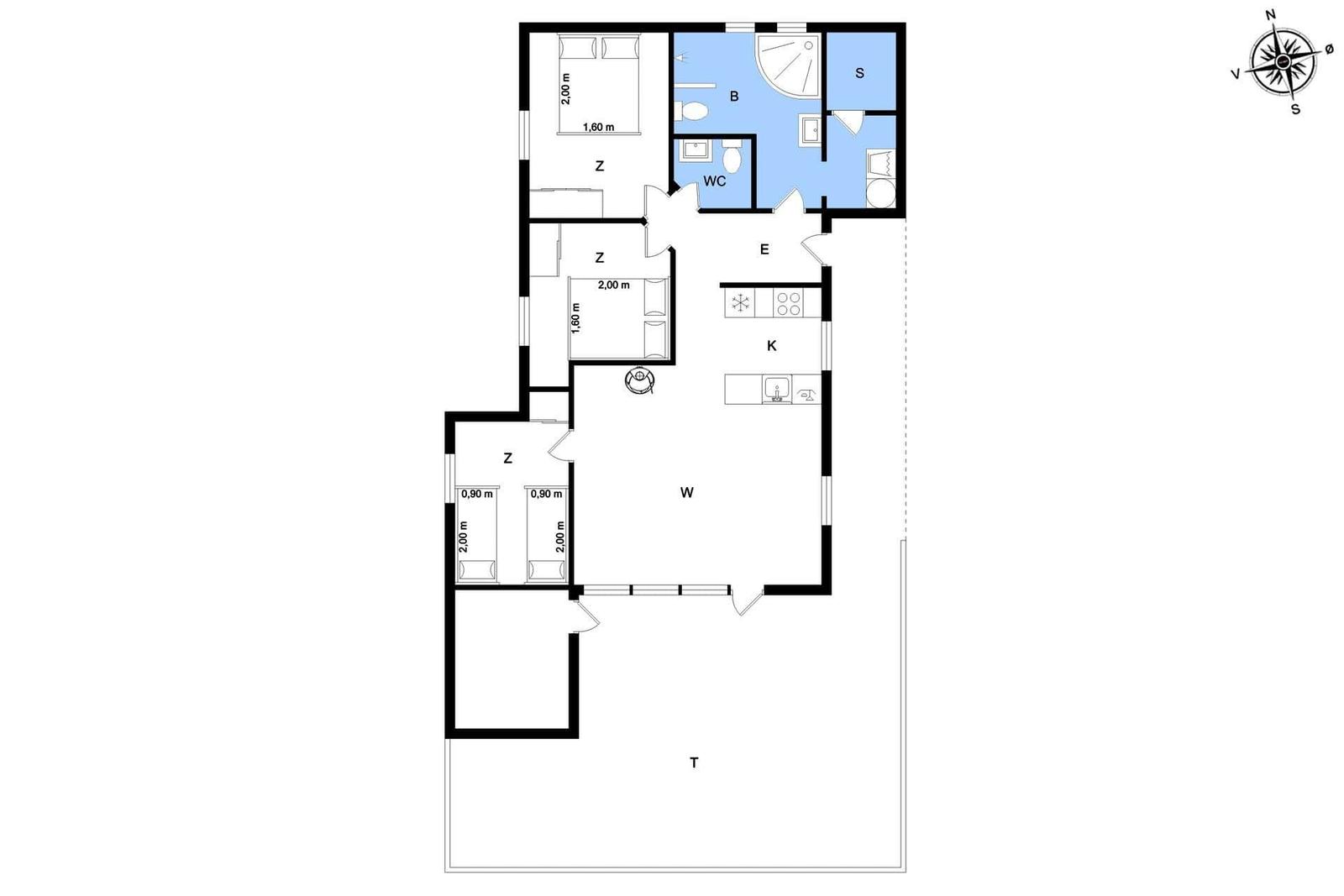 Dieses Apartment hat drei Schlafzimmer, eine Küche und ein Bad.