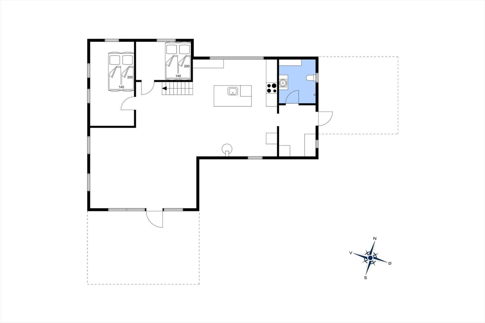 Single-family home with two bedrooms, kitchen, and bathroom. Outdoor space available.
