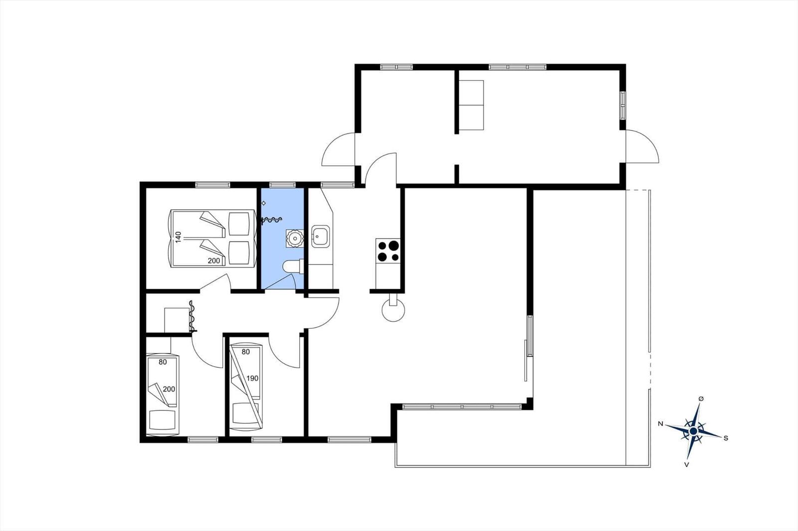 Apartment with kitchen, bathroom, bedrooms, and living area. Floor plan with compass.