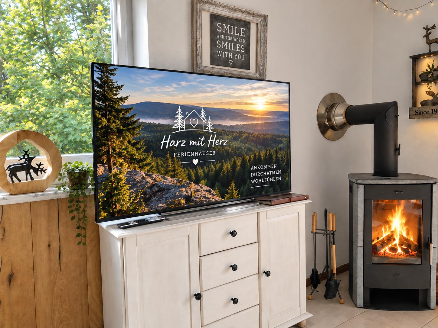 55 Zoll Smart-TV + Kamin