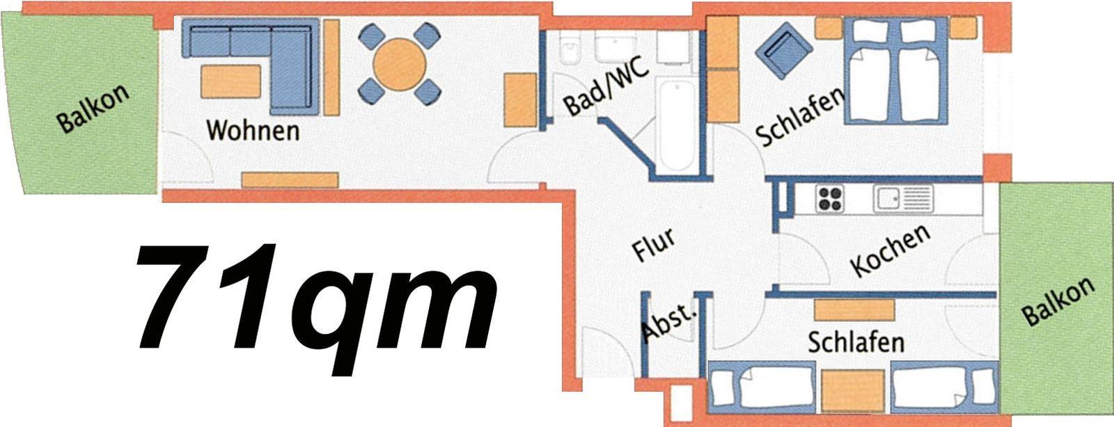 71qm Wohnung mit zwei Schlafzimmern, Küche, Bad und zwei Balkonen.