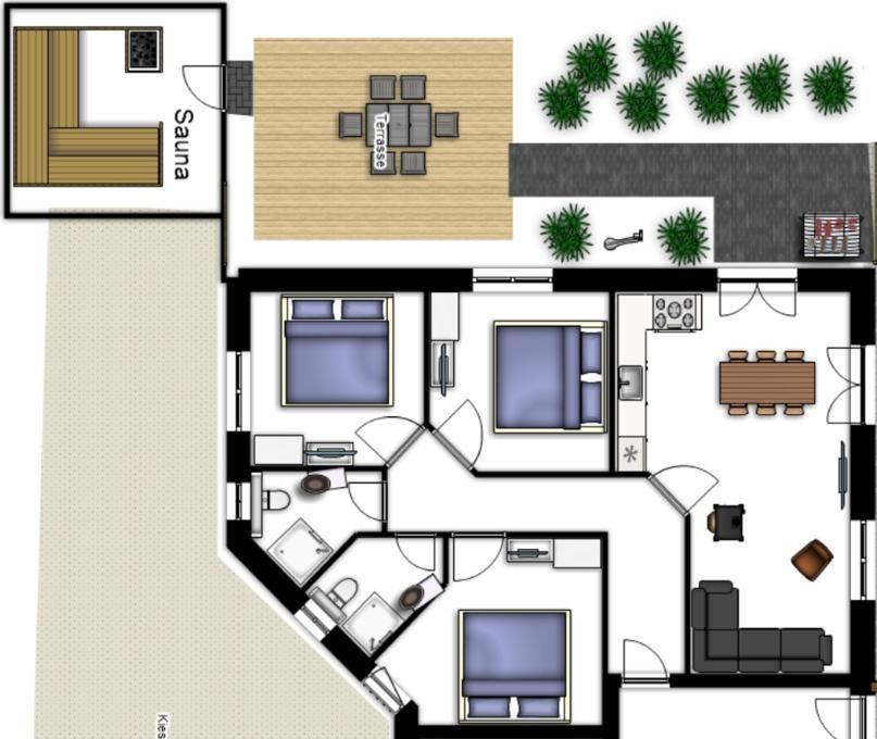 Apartment with three bedrooms, sauna, terrace, and kitchen.