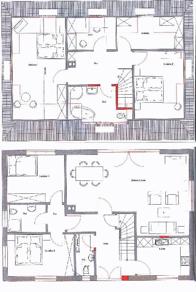 Two floors with bedrooms, bathroom, and kitchen.