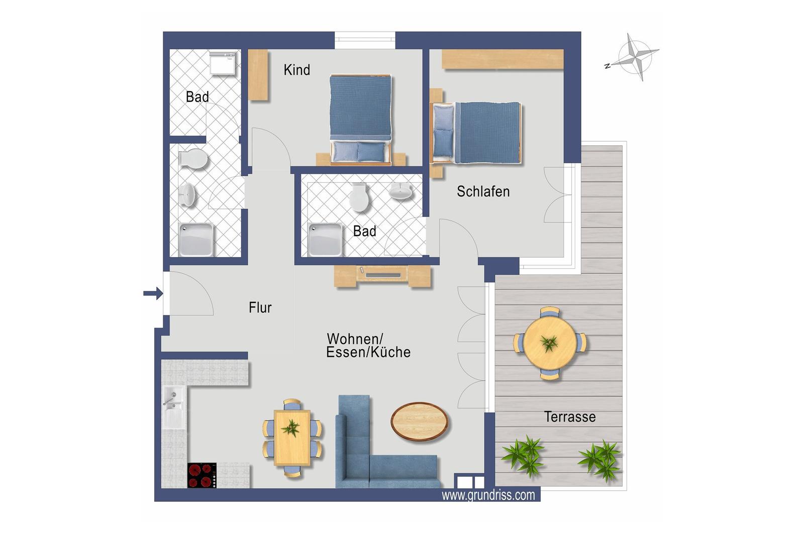 Apartment with two bedrooms, bathroom, kitchen, and terrace.