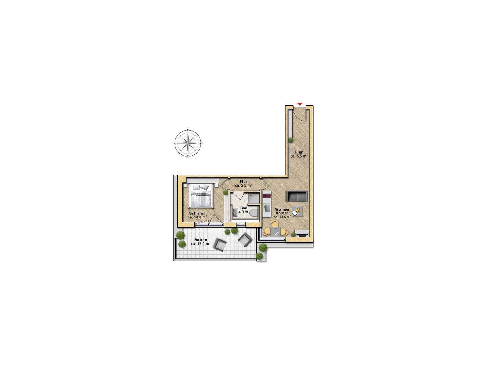 Apartment with bedroom, bathroom, living kitchen, and balcony. Hallways and room sizes are marked.