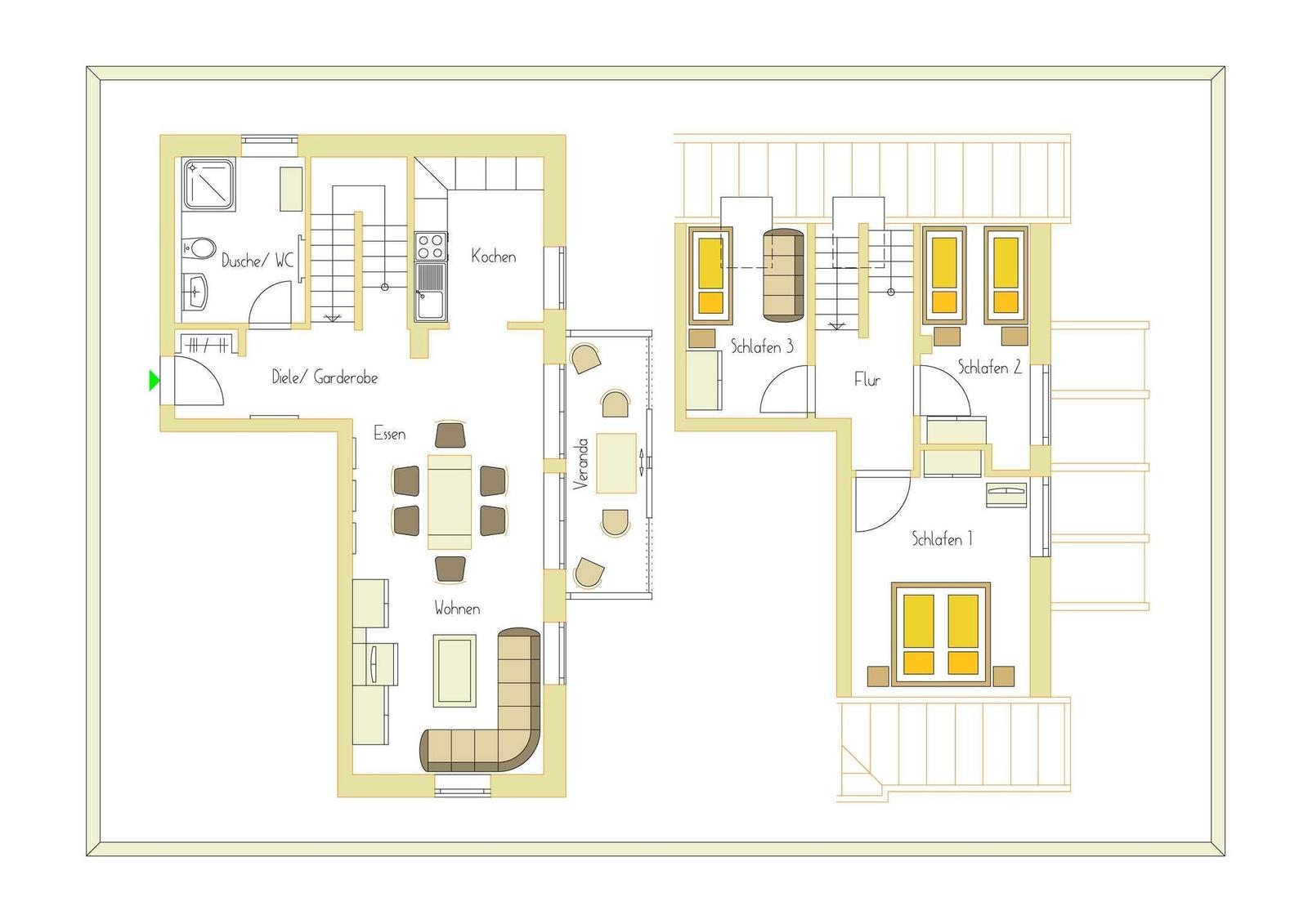Dieses Haus hat drei Schlafzimmer, eine Küche, ein Wohnzimmer und eine Veranda.
