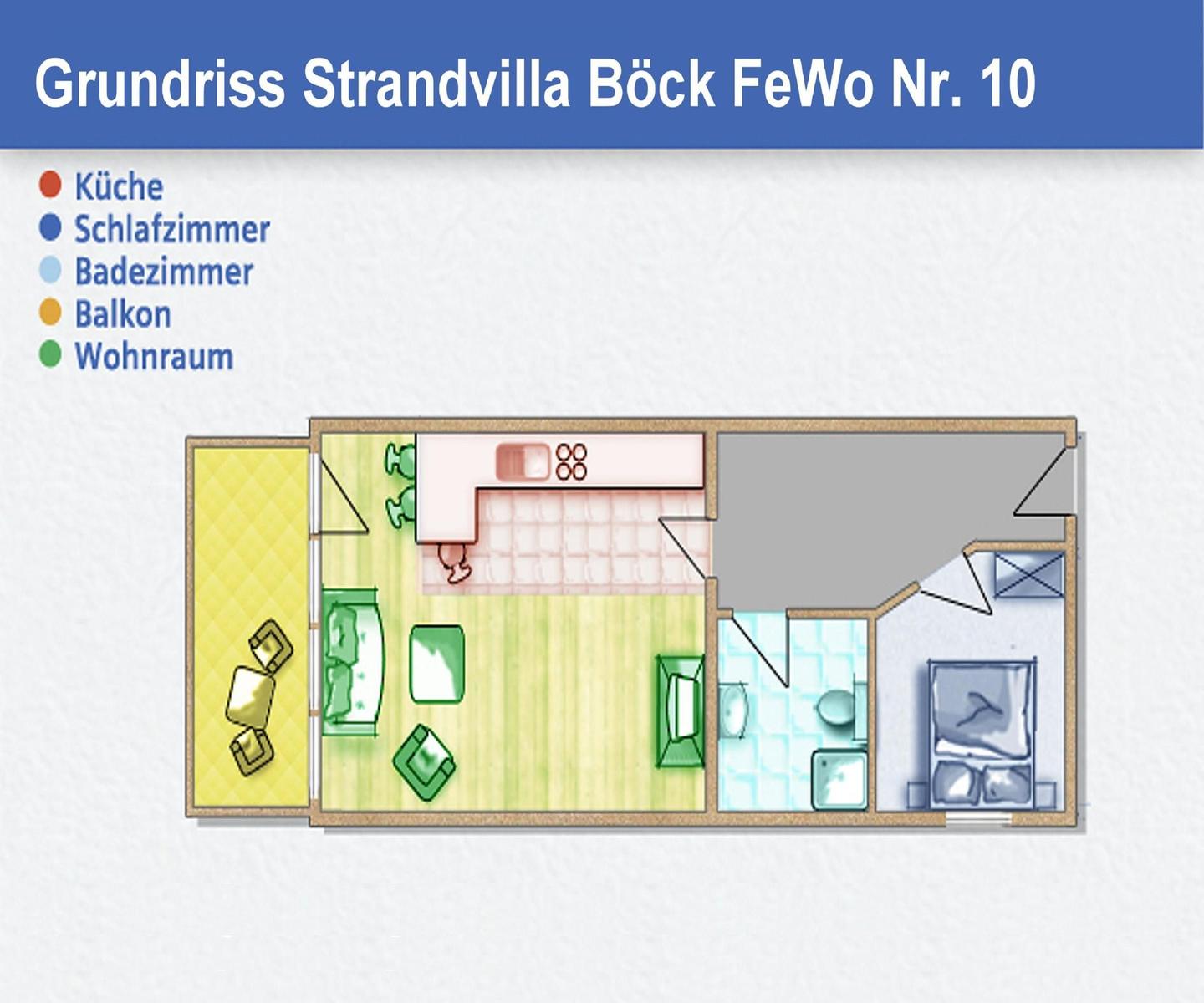 Schlafzimmer mit Bett, Garderobe und Fenster mit roten Vorhängen.