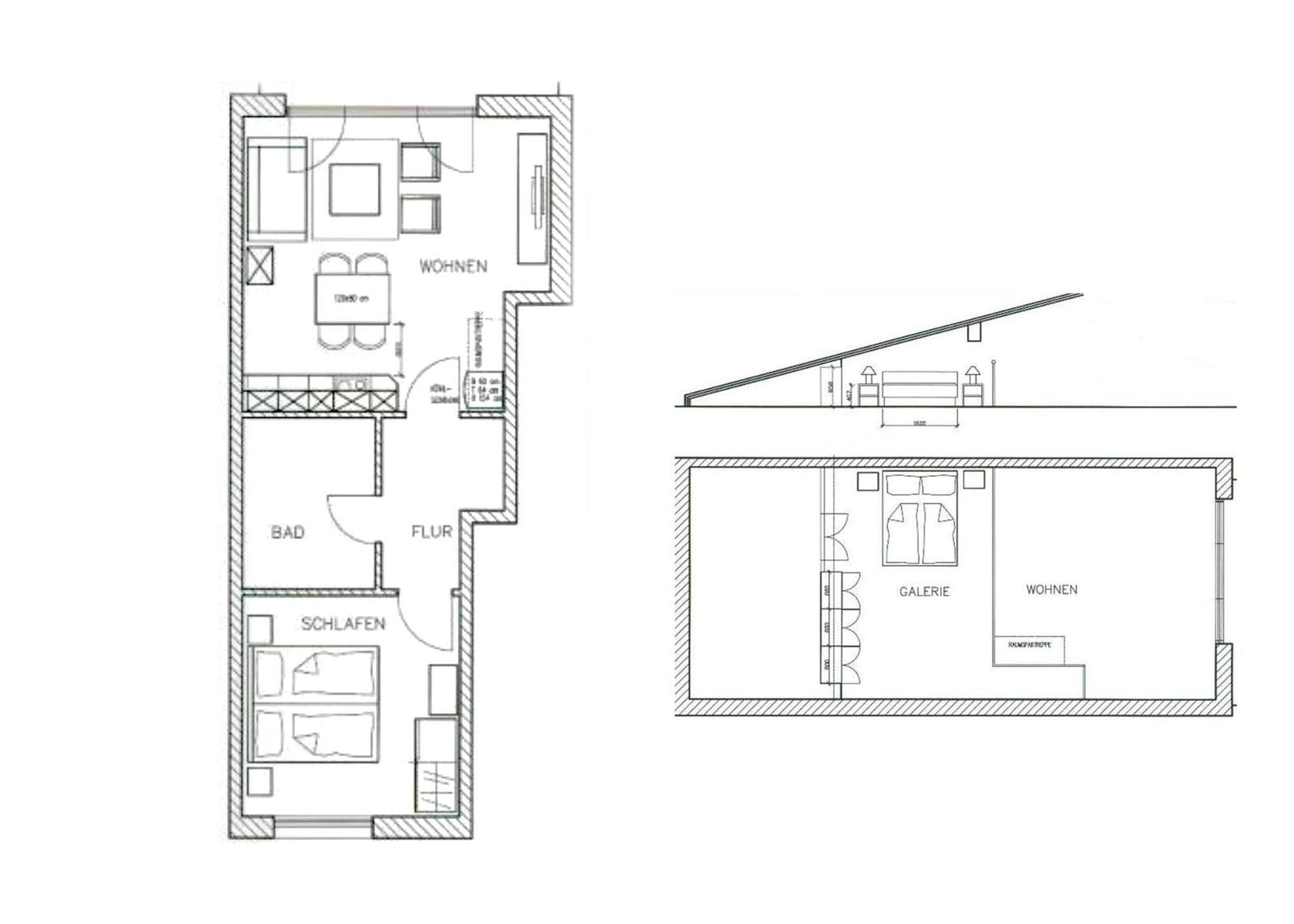 Zwei Wohnungskonzepte mit Wohn- Schlaf- und Badräumen sowie Galerie