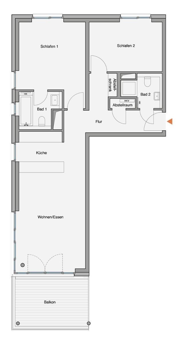 Wohnung mit zwei Schlafzimmern, Küche, Wohnbereich und Balkon.