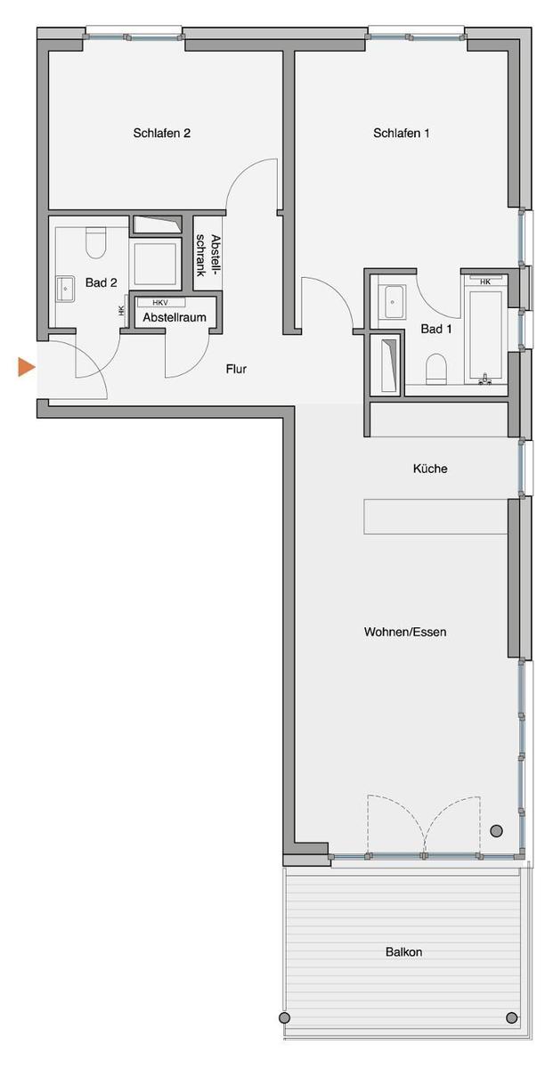 Modern apartments with sea view and sandy areas with benches.