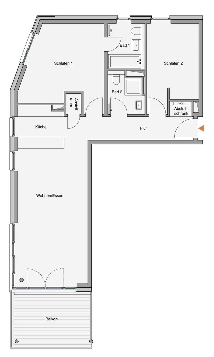 Das Haus zeigt eine offene Wohnküche, Schlafzimmer und eine Terrasse mit Tisch.