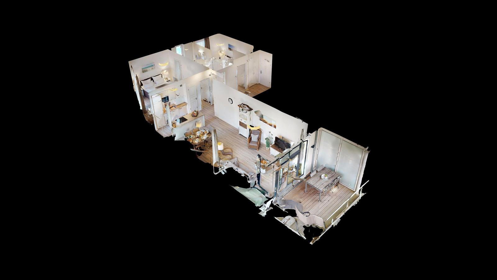 Ferienapartment in moderner Wohnanlage mit Blick auf Felder und Meer.