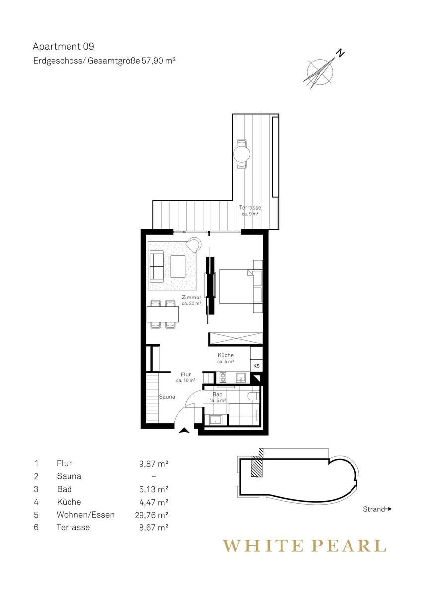 Apartment with sauna, kitchen, and terrace. Hall, bathroom, and living area are furnished.