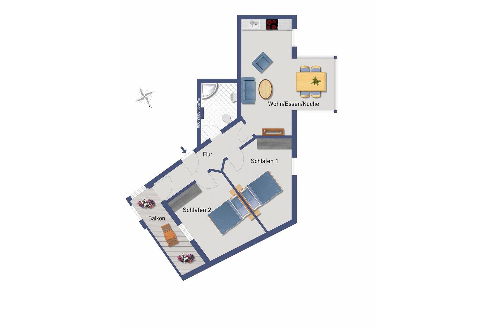 Wohnung mit zwei Schlafzimmern, Küche und Balkon. Flur und Bad sind vorhanden.
