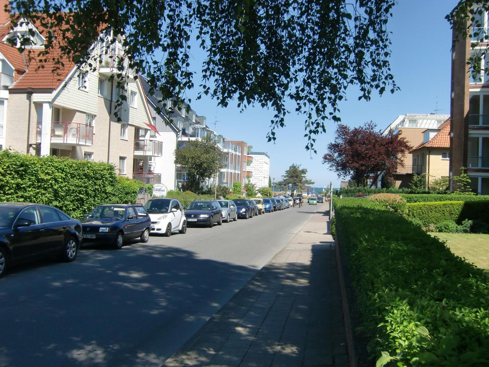 Pavementweg mit Gras, Bäumen und Wohnhäusern. Blauer Wetterstandortmonitor rechts.