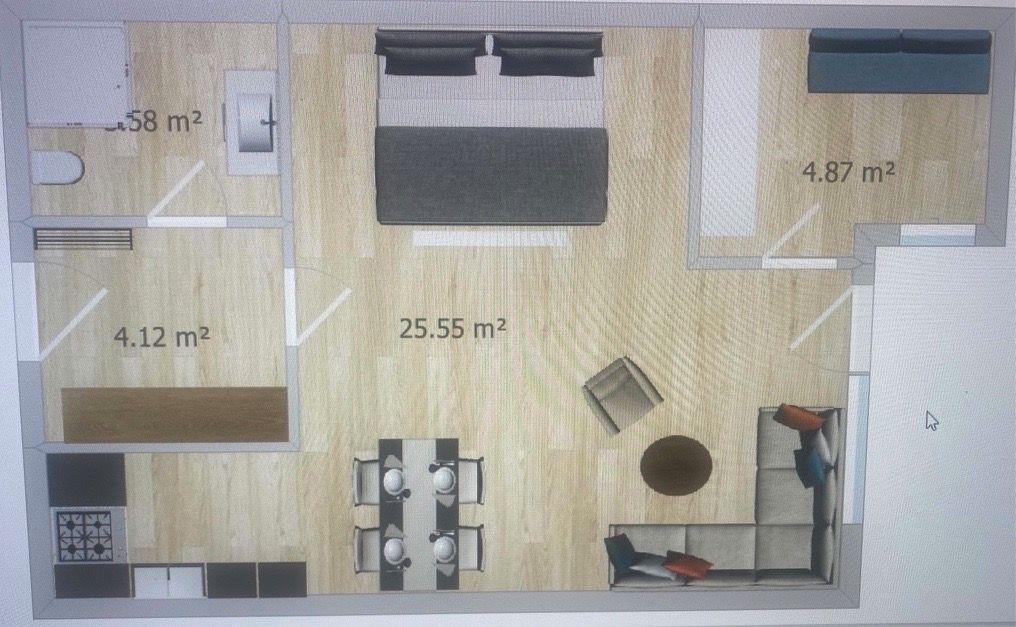Wohnung mit Schlafzimmer, Küche, Bad und Wohnbereich mit Sitzgelegenheiten.