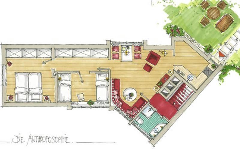 The Anthroposophy: Living space with bedrooms, kitchen, and garden area.