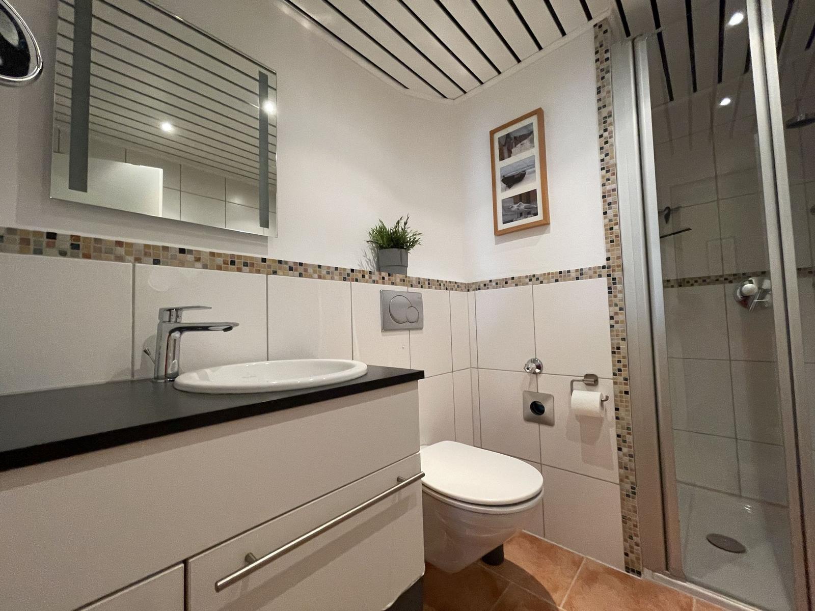 Badezimmer mit Waschbecken, Toilette und Dusche. Wand mit Mosaik und Spiegel.