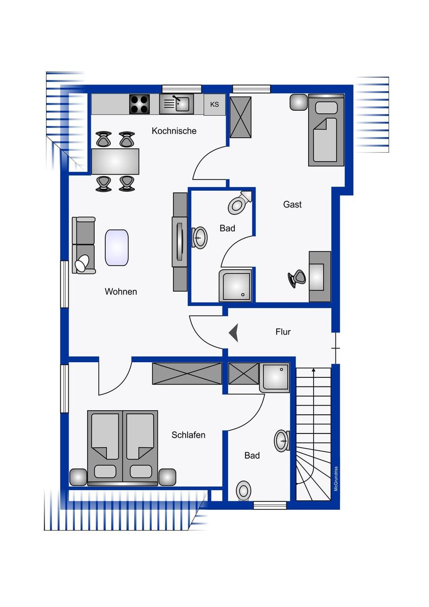 Wohnzimmer mit Sofa, Wandbild und Fenster mit Blick auf Grün.