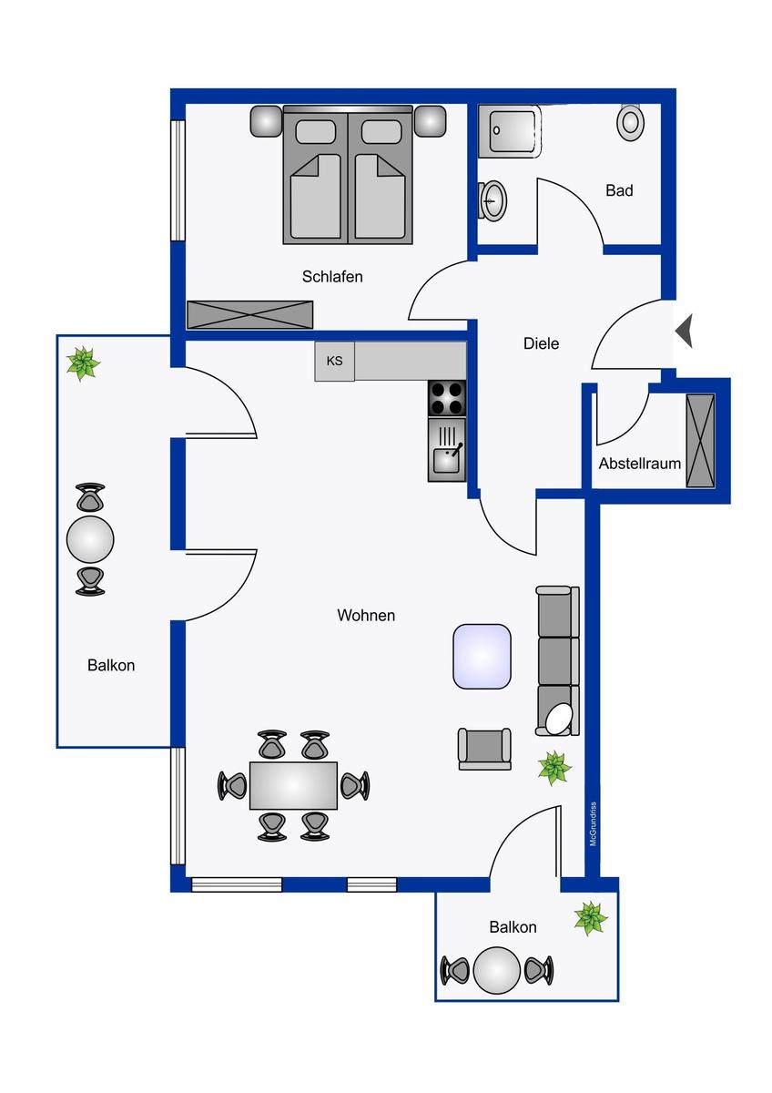 Apartment with bedroom, bathroom, kitchen, and two balconies.