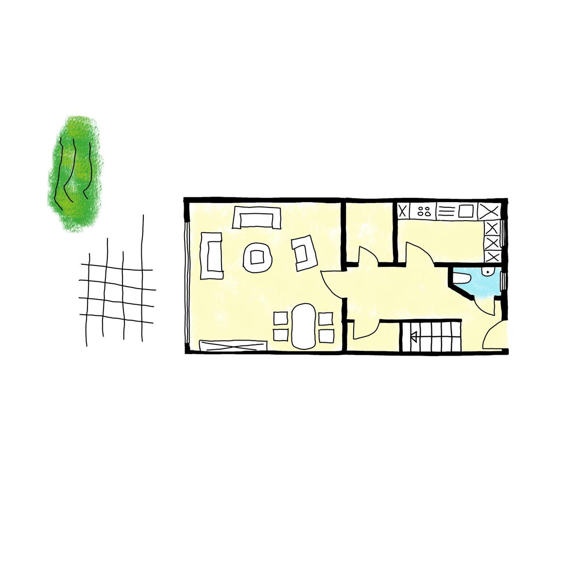 Wohnung mit Küche, Bad und Schlafzimmer. Treppenhaus führt zur oberen Etage.