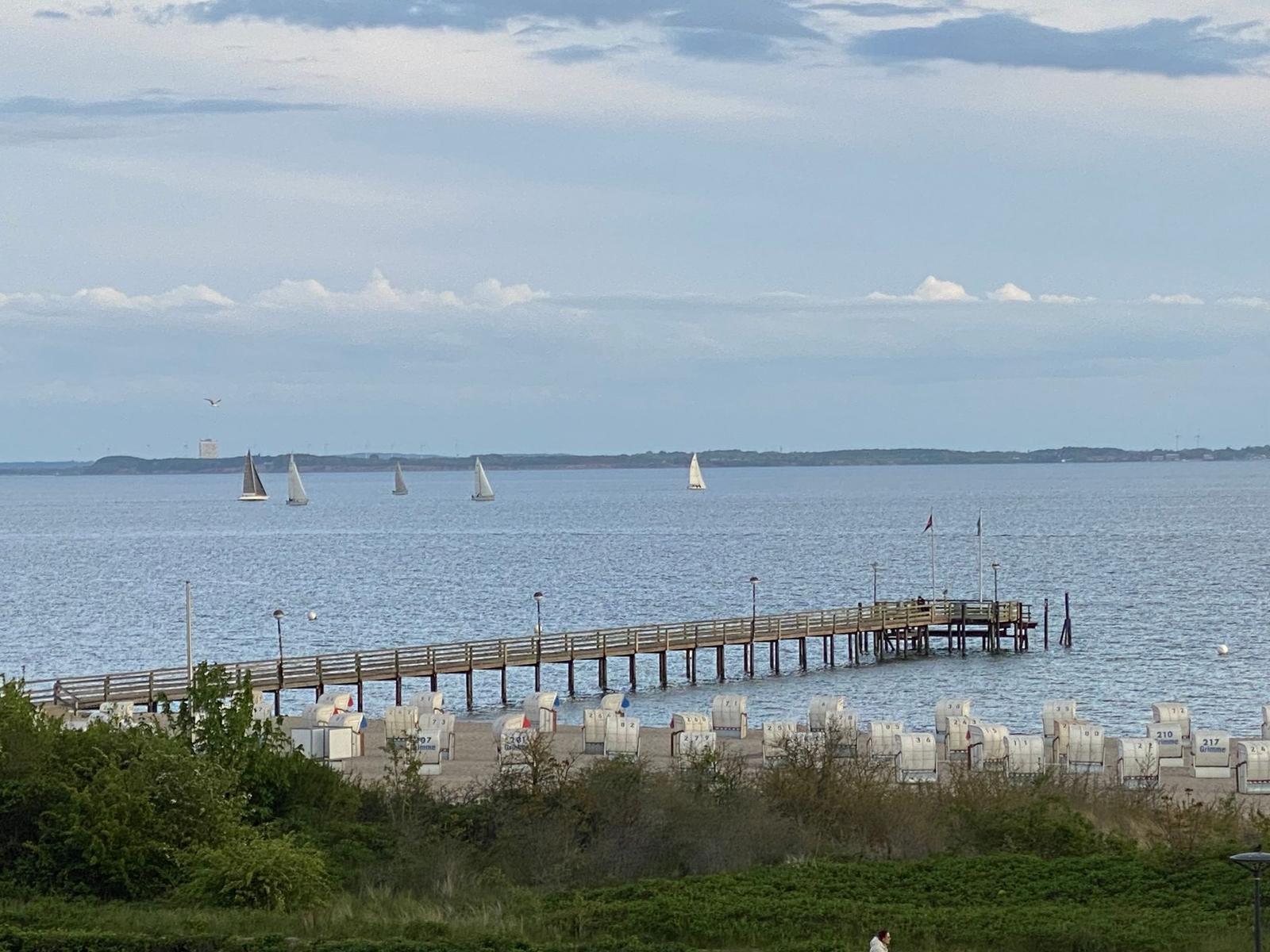 Meerblick mit Strand, Grünflächen und Bäumen unter bewölktem Himmel.