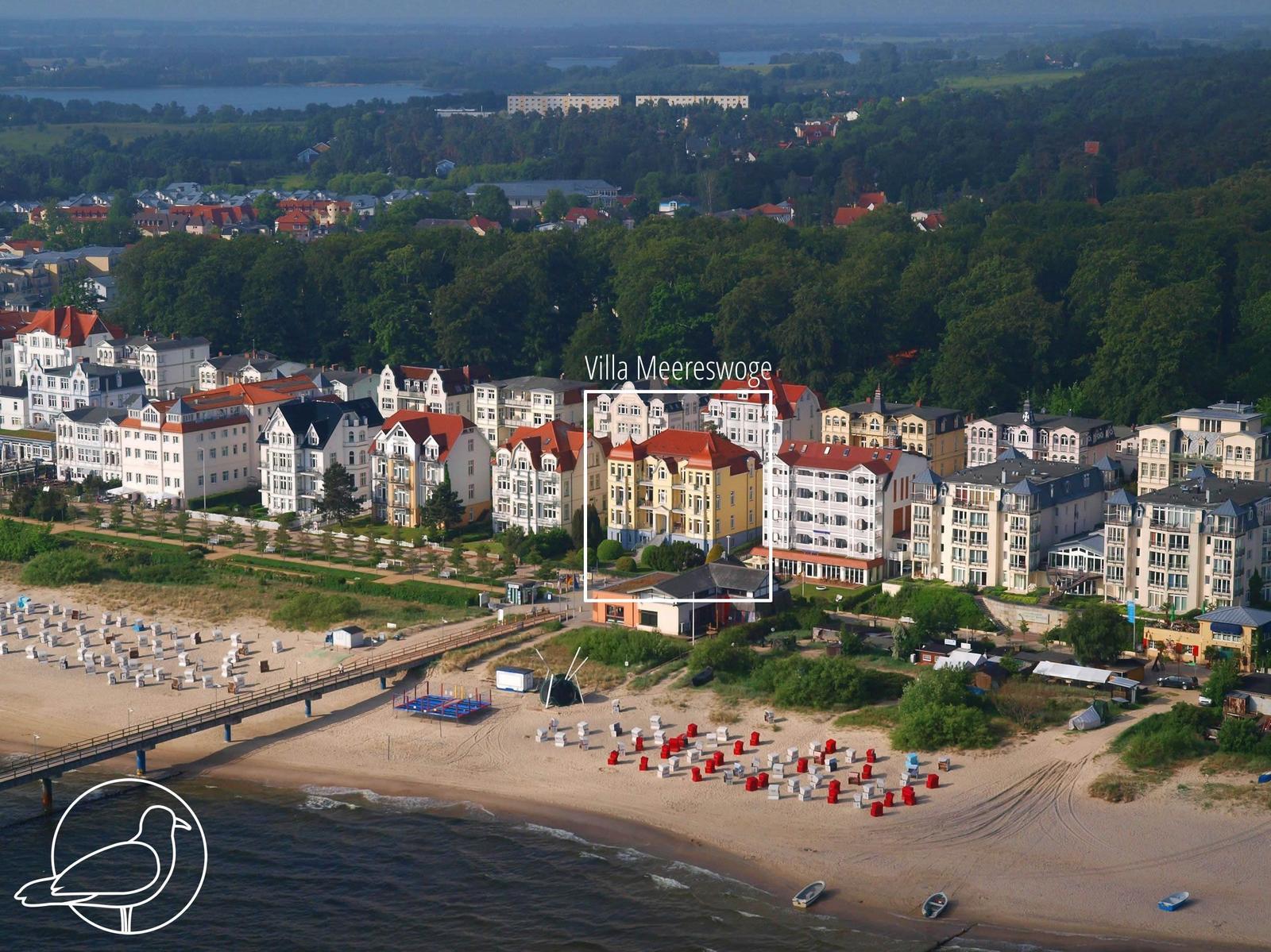 Strand mit Strandkörben und Dünen, Blick auf das Meer und eine Promenade.