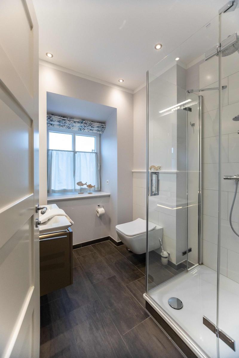 Duschkabine mit Glaswand, Duschkopf und Handbrause. Toilette und Wand mit WC-Anlage.