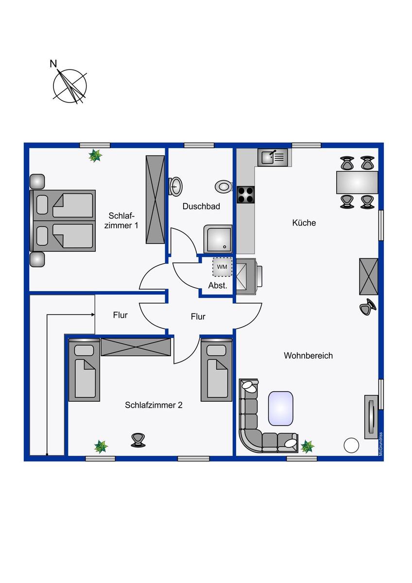 Wohn- und Essbereich mit Kamin, Tisch, Stühlen und Wandbild.
